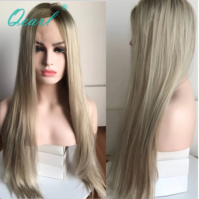 

Middle Part Straight Human Hair Lace Front Wig With Baby Hairs Ombre Grey Blonde Color Brazilian Remy Hair 13x4 Preplucked Qearl
