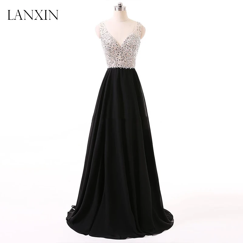 

Sparkly Crystal Beads Long Prom Dresses 2019 V Neck Sleeveless Floor Length Chiffon Evening Dress Robe de Soiree