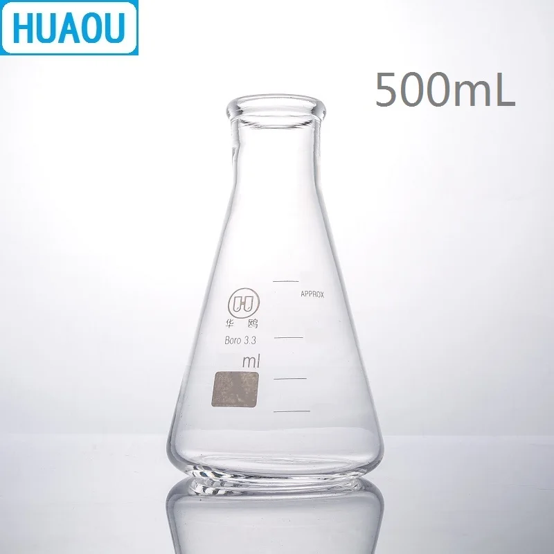 HUAOU 500 мл Erlenmeyer колба боросиликатная 3 стеклянная узкая шейка коническая
