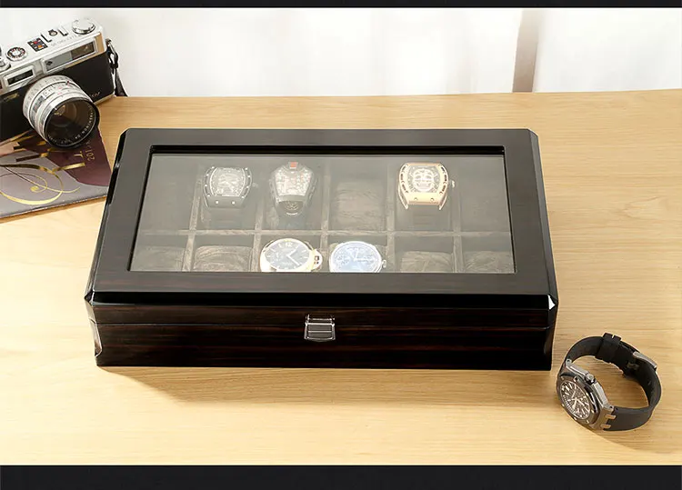 Роскошные деревянные часы упаковочная коробка пианино лак отображения нержавеющей Черный Коричневый чехол для часов коробка