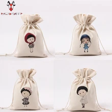 Raged Sheep Fashion Drawstring Cotton Grocery Shopping Bags Folding Shopping Cart Eco Grab Bag Reusable Baggu Cute Girl Printed