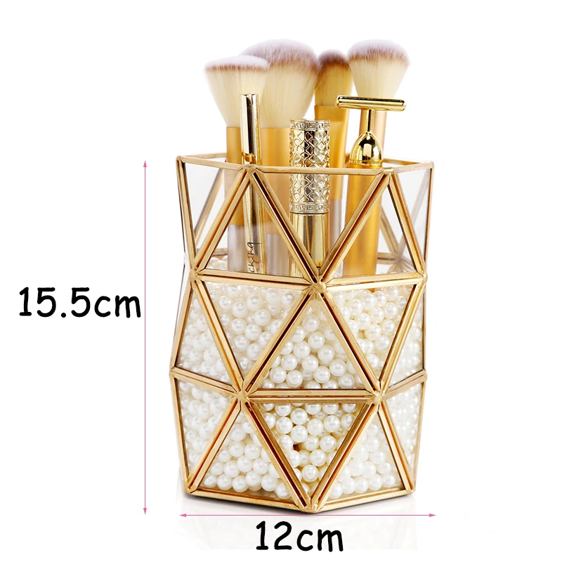 ANFEI Golden Glass Makeup Brush Storage Jewelry Holder Geometric Storage With Pearls Jewelry Organizer Box Dressing Table Decor