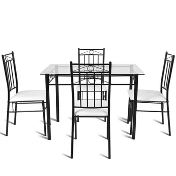 

5 Pcs Tempered Glass Steel Tabletop Dining Set Modern Square Table and Chairs Dining Room Sets HW52015