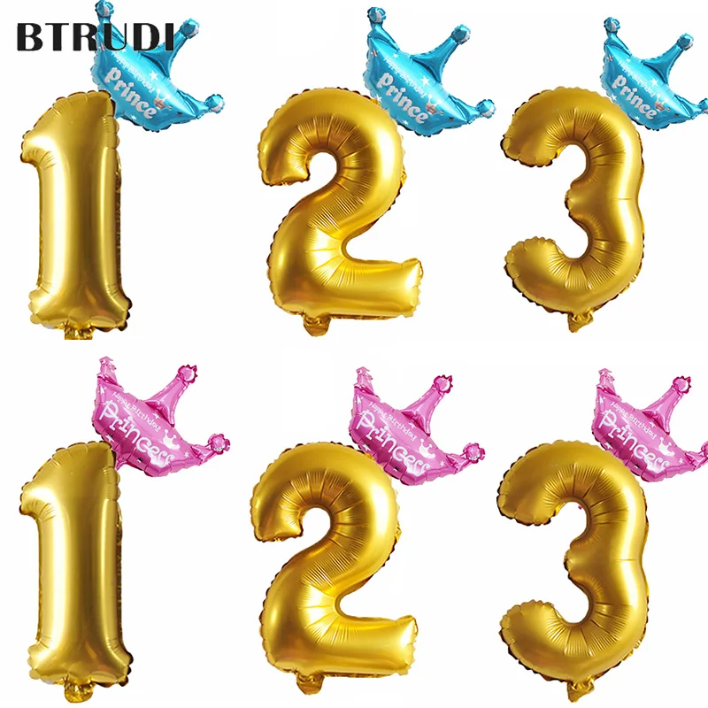 

BTRUDI 1set 32inch Figures Gold Number Crown Foil Balloon birthday party anniversary memorial wall decoration girls birthdy