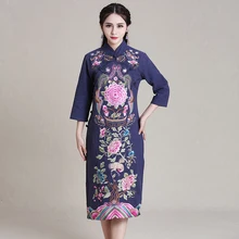 Китайское платье Ципао современное хлопковое и льняное платье Ципао традиционная вышивка Феникс
