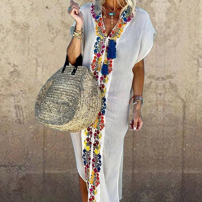

Women Causal Boho Short Sleeve Slit Ladies Maxi Long Summer Print Beach Dress