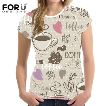 

FORUDESIGNS Fashion Summer T Shirt Women Floral Coffee Pattern Print Tops Tees Elasticity Breathable for Teenager Girls Harajuku