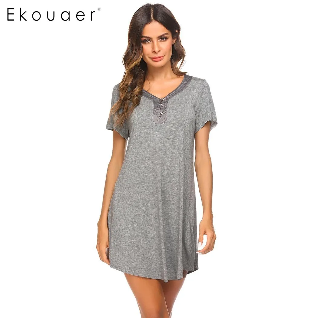 Ekouaer Summer Sleep Tops Women Nightgown V Neck Short Sleeve Loose