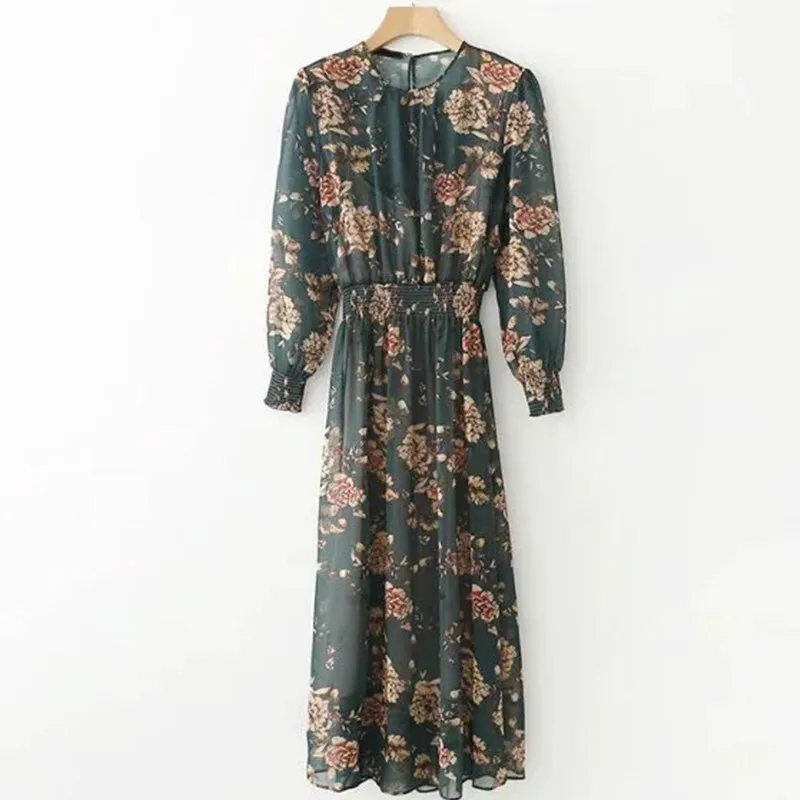 

Spring Women Vintage Floral Printed Midi Dress Casual Long Sleeve O Neck Elastic Waist 2pcs Summer Dresses vestidos mujer