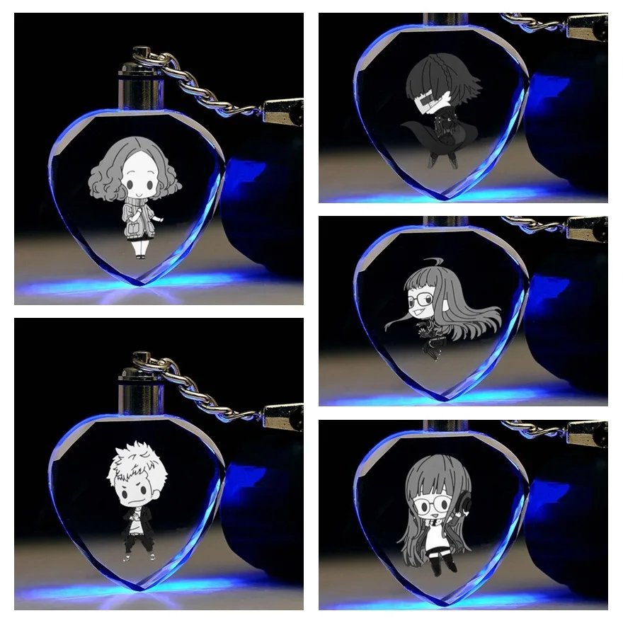 

Cartoon Persona 5 Makoto Niijima heart crystal keychains Futaba Sakura Ryuji Sakamoto cute funny colorful LED pendants keyrings