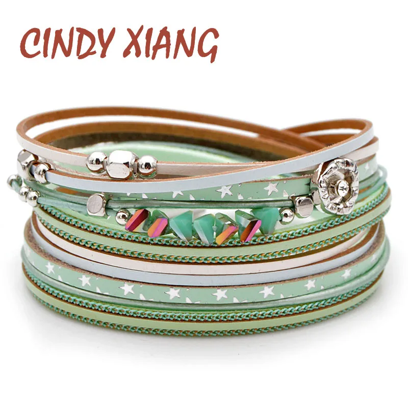 

CINDY XIANG Green Color Natural Stone Multi-layer Leather Bracelets For Women Fashion Long Cuff Bangles Summer Style Design Gift