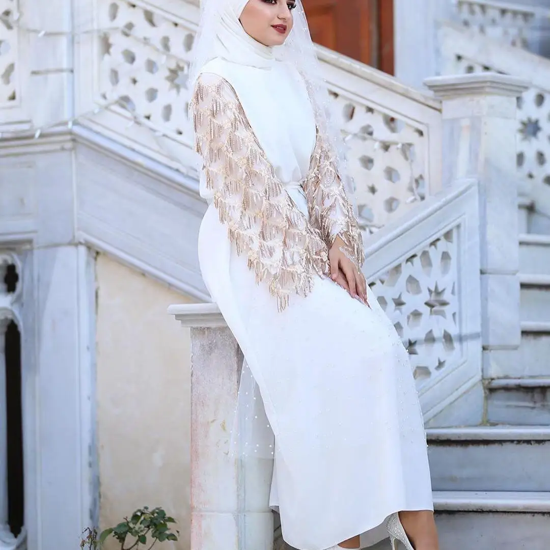 Новое Женское длинное платье с блестками и кисточками abaya Дубай мусульманское платье вечерние платья Арабский исламский костюм Молитвенное платье хиджаб пояс платье - Цвет: Белый
