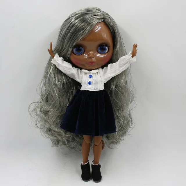 Tbl Neo Blythe Doll White Grey Hair Jointed Body Dark Skin