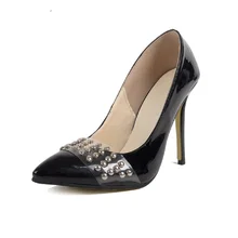 2016 Star Elegant Transparent Pointed Toe Shoes Women Patent Leather High Heels Black Rivets Pumps Perfect Shoes