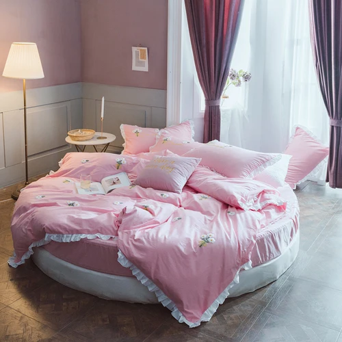 2,0 м/2,2 м круглая кровать, комплект из 4 предметов, однотонное полотенце из чистого хлопка, простыни с вышивкой и оборками, наволочки и пододеяльники - Цвет: Pink-Fitted