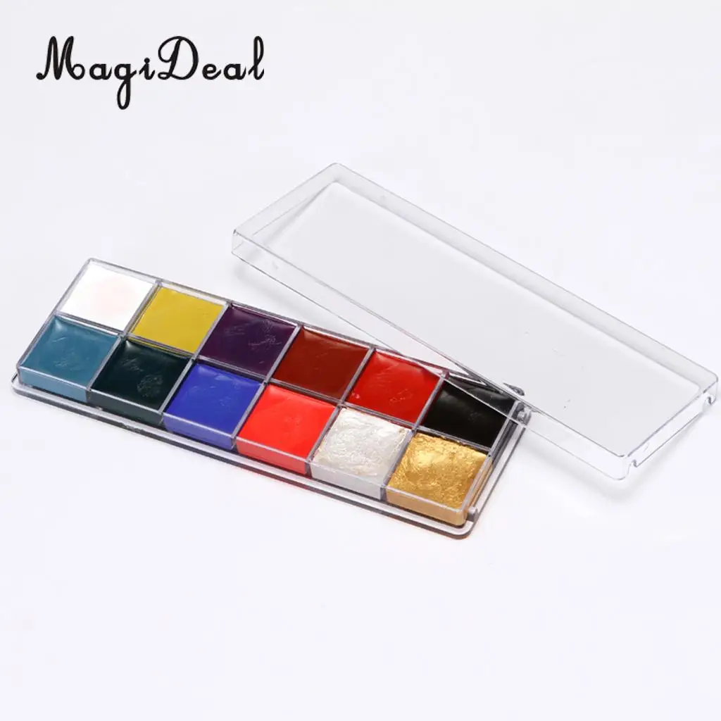 12 Color Safe Non-Toxic Oil Based Face Body Art Paint Palette Cosmetics with 10pcs Painting Brush for Party Fancy Dress Makeup