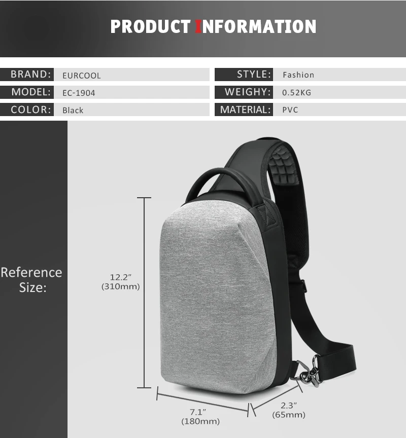 EURCOOL, повседневная мужская сумка-мессенджер с usb зарядным портом, короткий нагрудный рюкзак, 9,7 дюймов, iPad, сумка на плечо, мужские сумки через плечо n1904