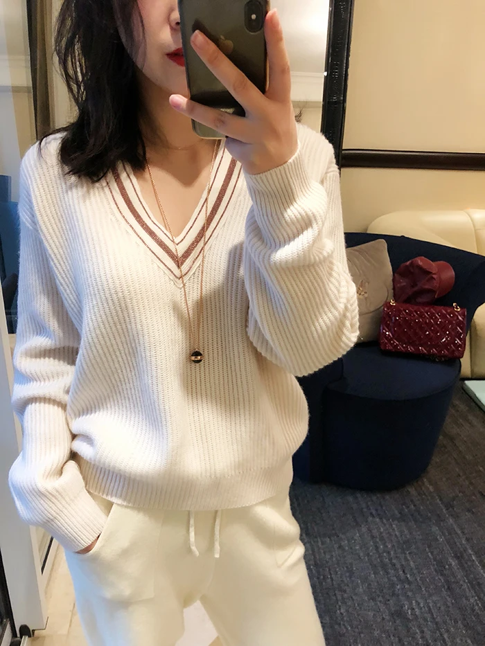 

Winter Woolen + Cashmere Knitted warm Suits beading wool Velvet Sweater + Mink Cashmere Trousers Leisure Two-pieces suits wq886