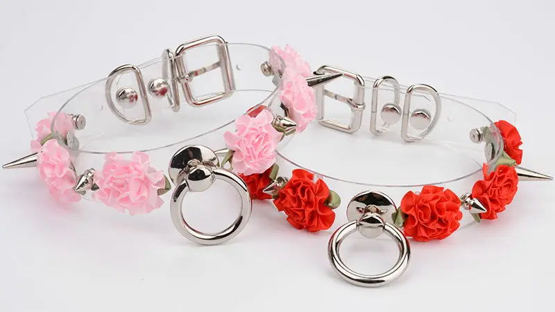 Handmade Kawaii Choker Punk Gothic Rose Collar Necklace Flowers Tranparent Faux Leather Spiked Collar Choker Buckle Necklace 11