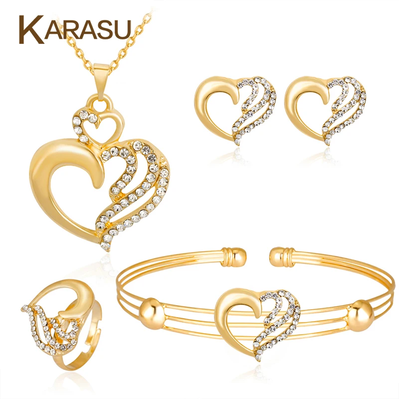 

KARASU Hollow Love Heart Good-color Rhinestones Necklace Sets Earrings Ring Bracelet for Women Jewelry Sets Party Decorations