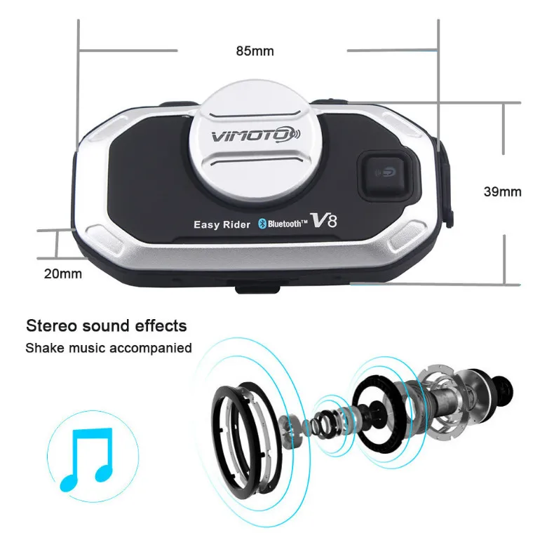 Motorcycle Helmet Bluetooth Headset Vimoto V8 850mAh Multi-function BT Interphone Motorbike Stereo Headphones for Two Way Radios (7)