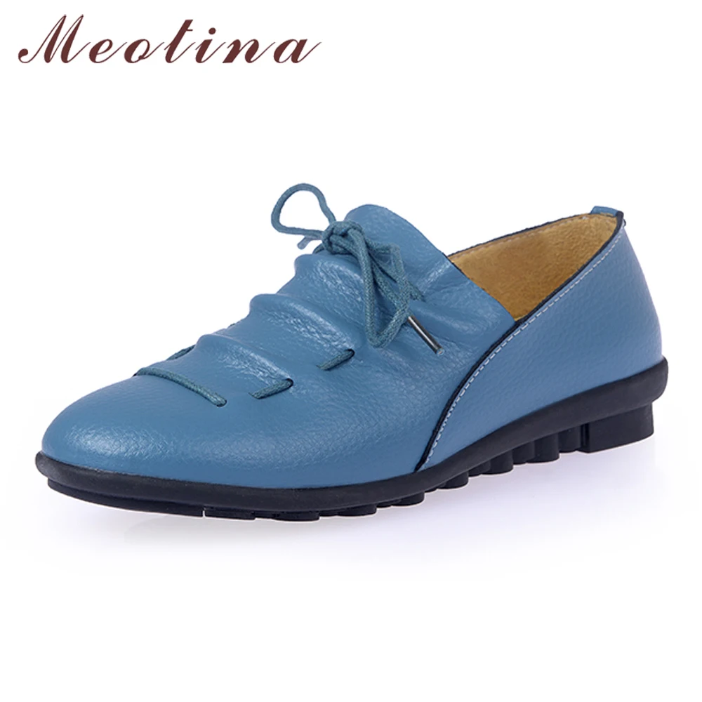 

Meotina Women Loafers Shoes Cow Leather Flats Pleated Flat with Casual Shoes Round Toe Lace Up Shoes Lady Spring Size 35-40
