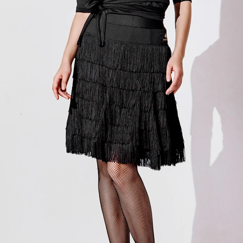 Новая юбка для латинских танцев для женщин/женщин, черная многослойная юбка с бахромой, профессиональная юбка для Танго Фламенко, танцевальная юбка VDB174