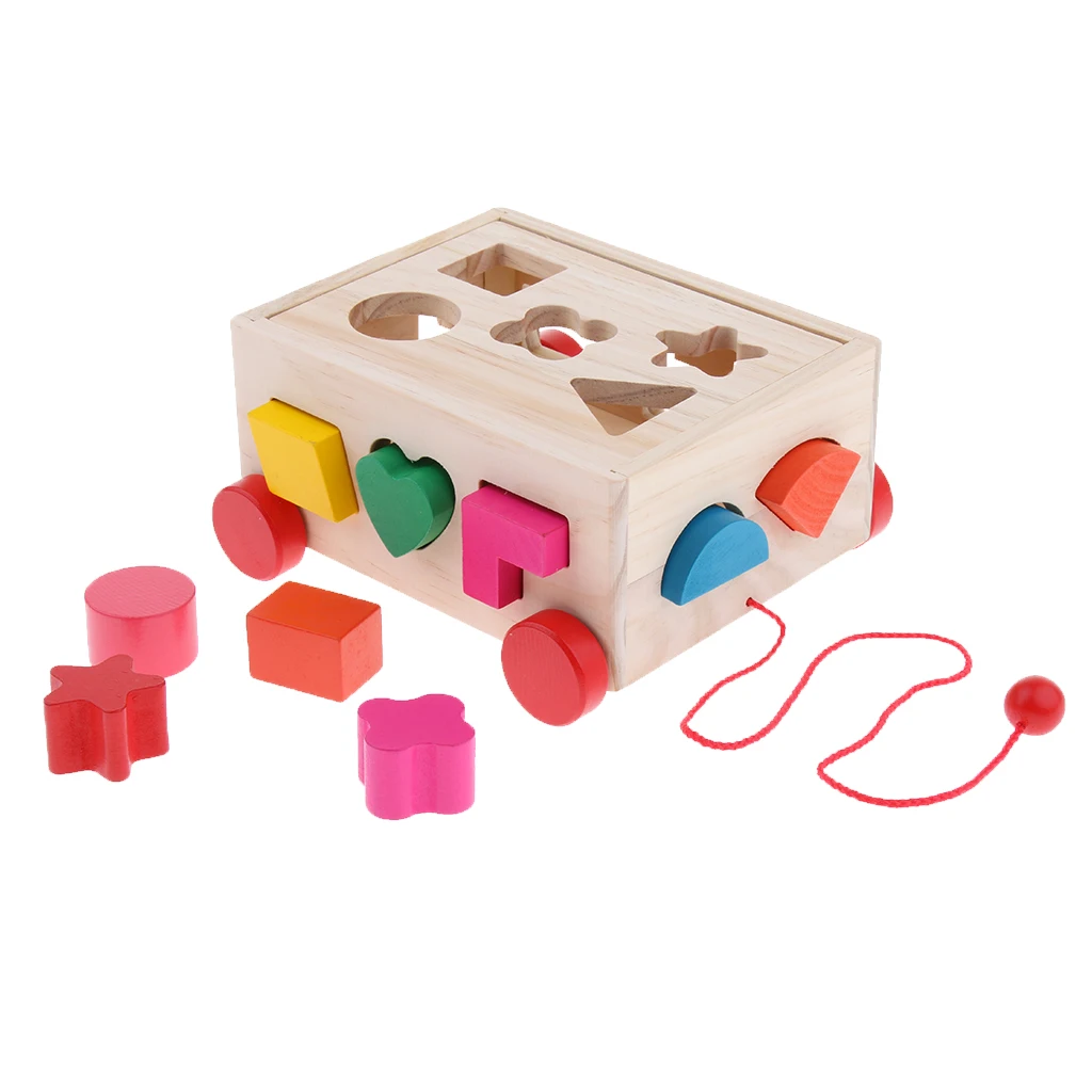 Kids Wooden Shape Sorting Car Educational Toys Toddler Baby Jigsaw Stacking Game Toddler Drag Car to Walk Gifts