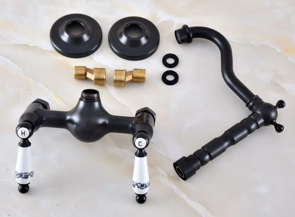 Black Oil Rubbed Bronze Wall Mounted Bathroom Kitchen Sink Faucet Swivel Spout Mixer Tap Dual Ceramics Handles Levers anf866