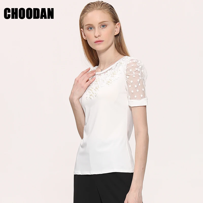 

Beaded Lace Blouse Short Sleeve White Women Tops 2018 New Korean Style Summer Elegant Flower Embroidery Shirt Female Clothing