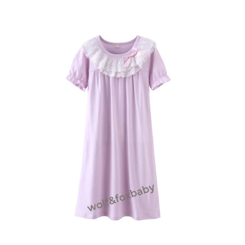 Retail 4-16 years cotton short-sleeved nightdress lace pajamas home service spring fall autumn Sleepwear & Robes hot