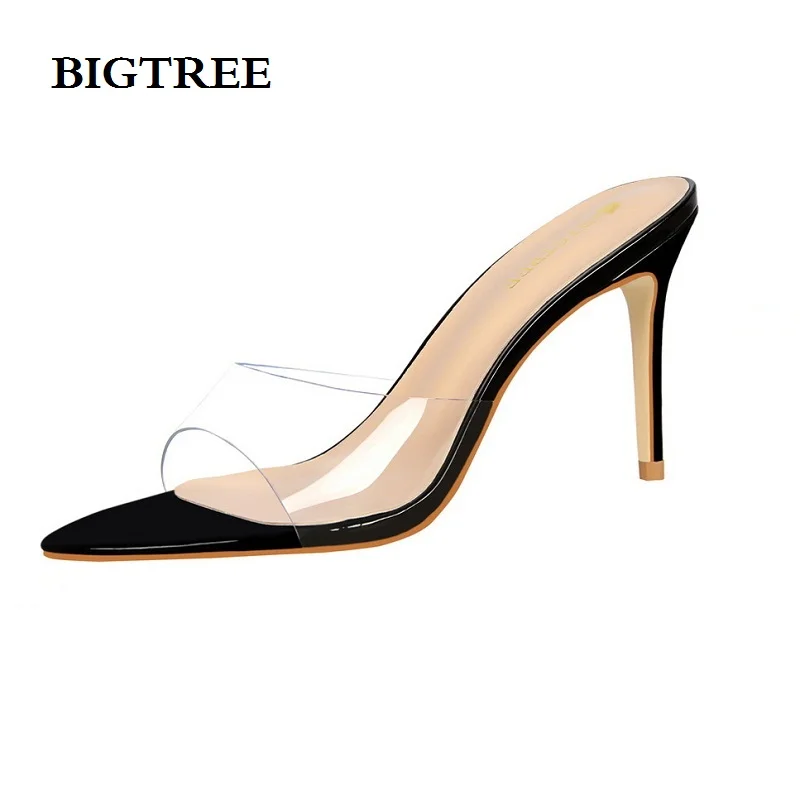 BIGTREE sandals women Bare foot perspective fashion simple transparent slippers fine with high-heeled pointed female slippers