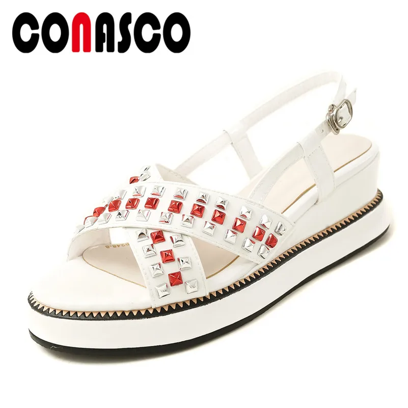 

CONASCO Summer Fashion Punk Patent Leather Women Sandals Round Toe Wedges Buckle Shoes Woman Mixed Colors Rivet Casual Shoes