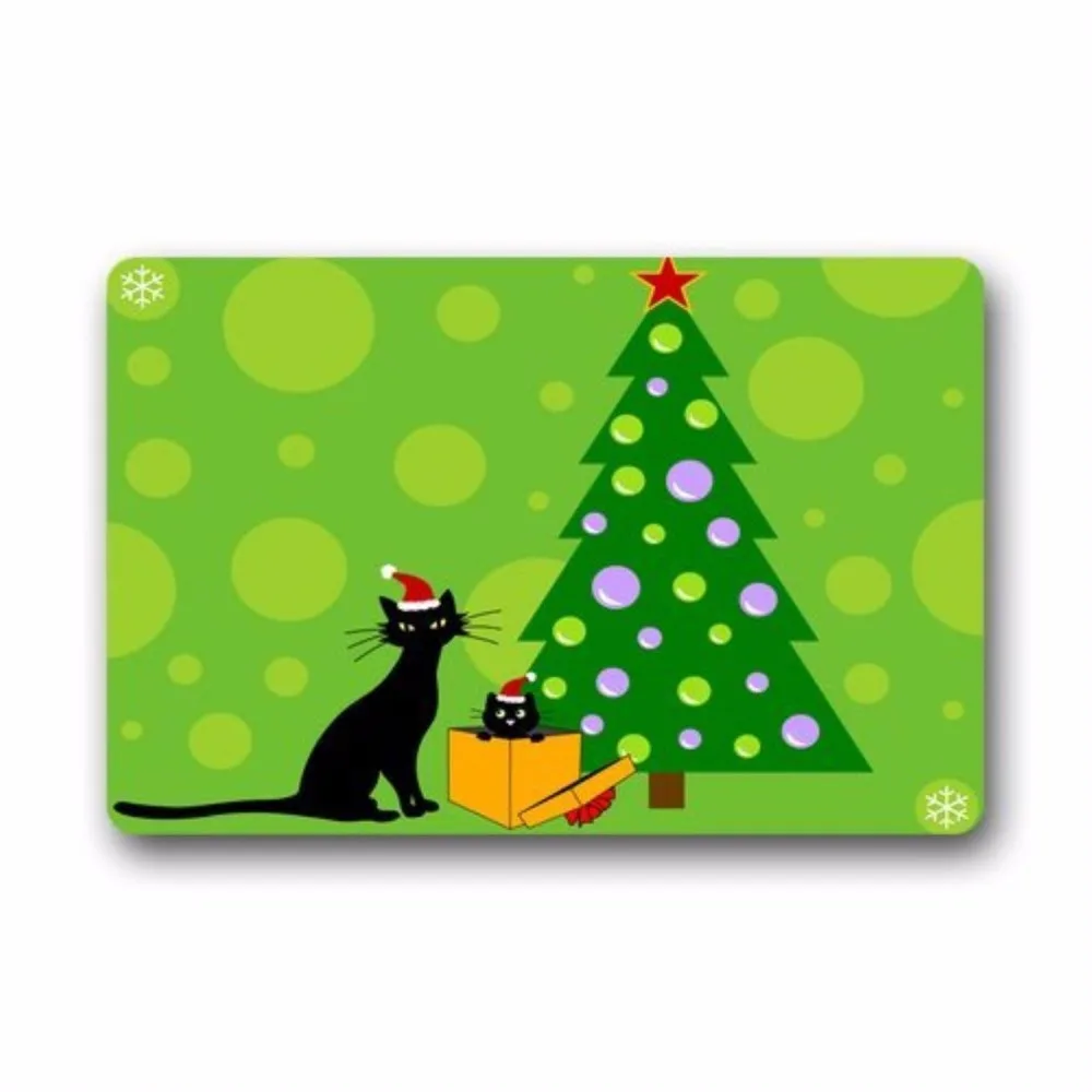 

Merry Christmas Tree Black Cat Snowflake Custom Doormat Door Mat Outdoor/Indoor
