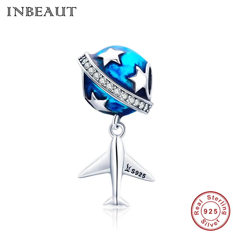 

INBEAUT 925 Sterling Silver Blue Enamel Earth Star Travelling Across World Dreamer Airplane Beads Fit Original Trendy Bracelet