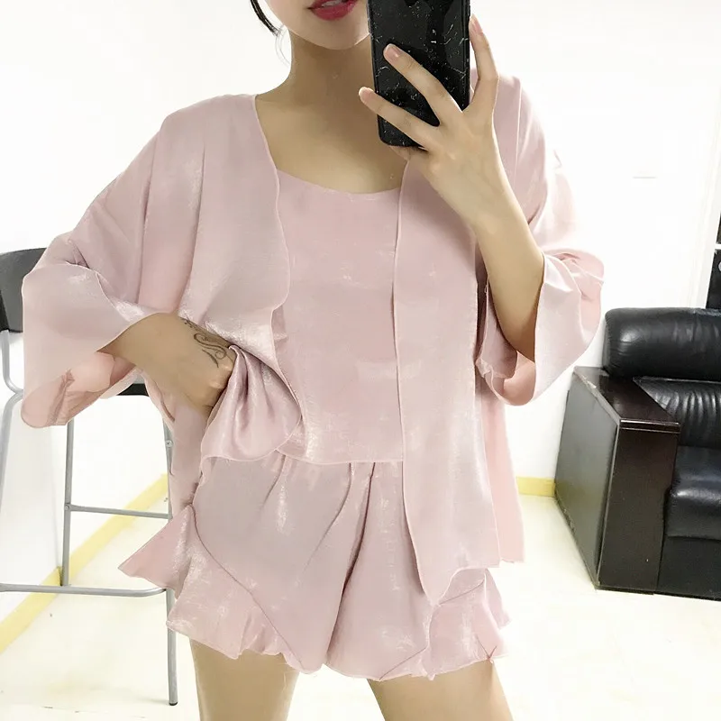 

New Arrival Homewear for Women Sleepwear 3pce Set V-neck Summer Silk Pijama Feminino Satin Pyjamas for Women Pijamas Mujer