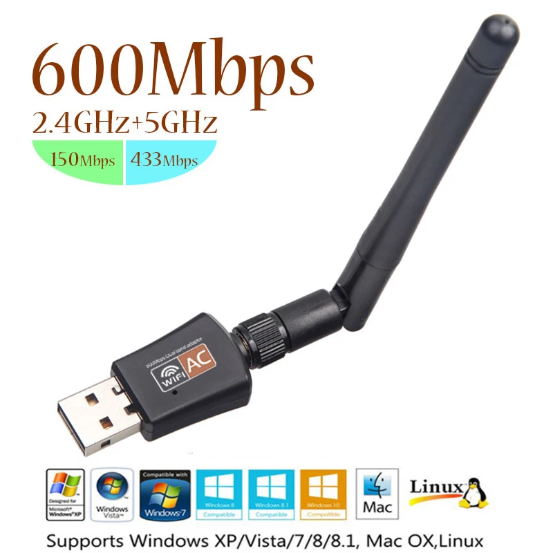 KEBETEME 5Ghz 2.4Ghz 600Mbps Wireless Dual Band 802.11ac USB WiFi Adapter for Windows XP Win
