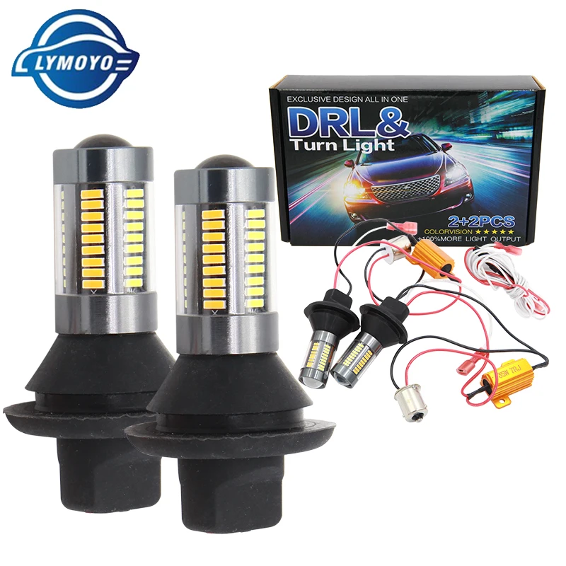 

Dual Color 2pcs T20 7440 4014 66 SMD LED Bulbs DRL white turn yellow Turn Signal Light drl Error Free Canbus with Resistor 12v