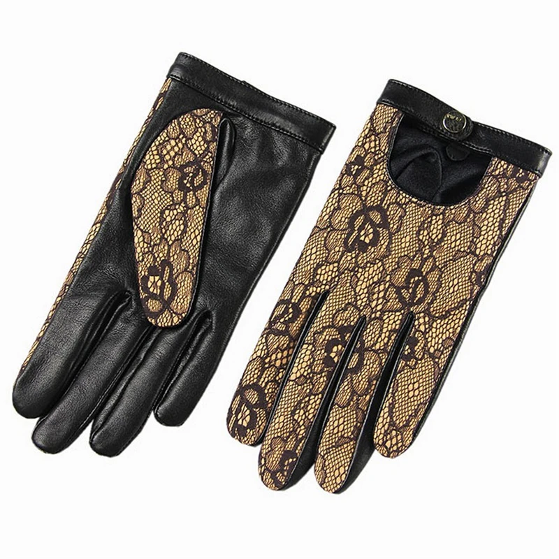 Брендовые перчатки из натуральной кожи, высокое качество, женские перчатки из овчины, модные трендовые черные кружевные кожаные перчатки для вождения, EL030NN