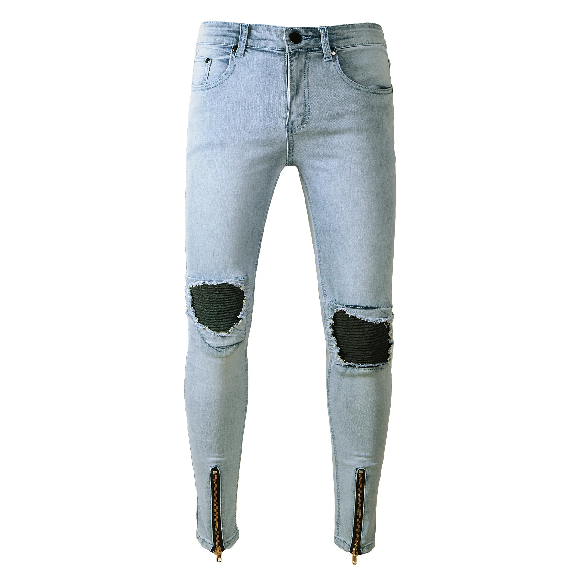 Men Jeans Stretch Destroyed Ripped Design Fashion Ankle Zipper Skinny