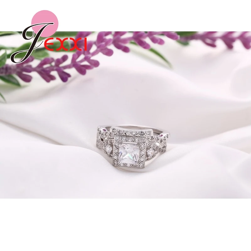 Высокое качество, модное классическое 925 пробы Серебряное обручальное кольцо, наборы для женщин, квадратное CZ Хрустальное Свадебное обручальное кольцо