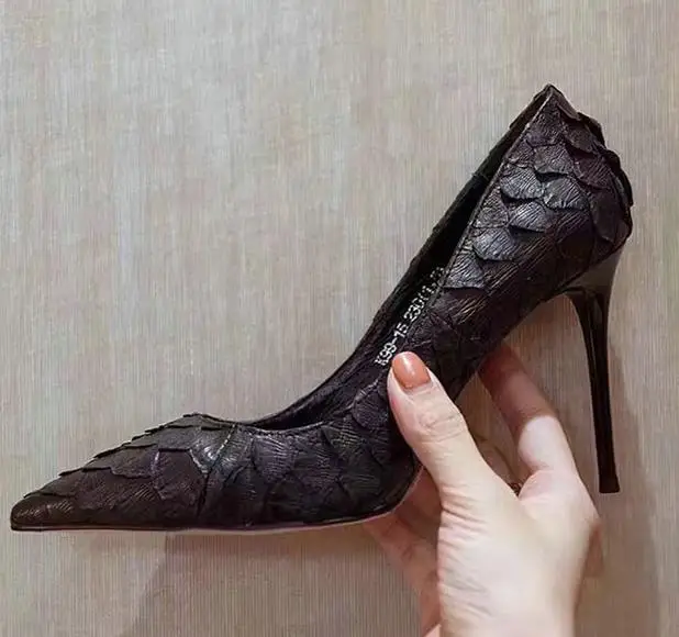 lFrench new style sexy show thin pointed snakeskin high heels genuine leather pumps women thin heel black red grey