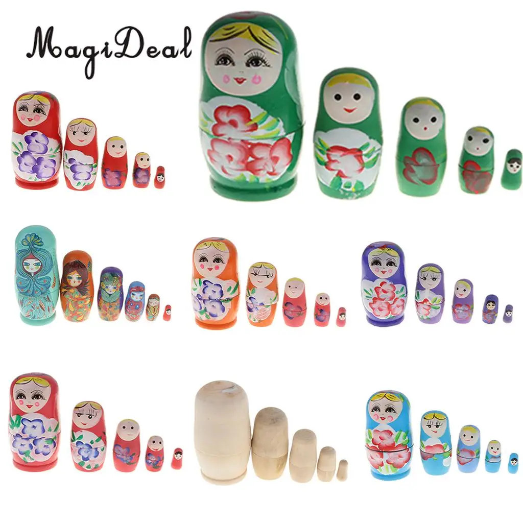 5PCS Wooden Russian Nesting Dolls Matryoshka Stacking Nested Dolls Toys Christmas Gifts Home Decoration for DIY Hand Painted