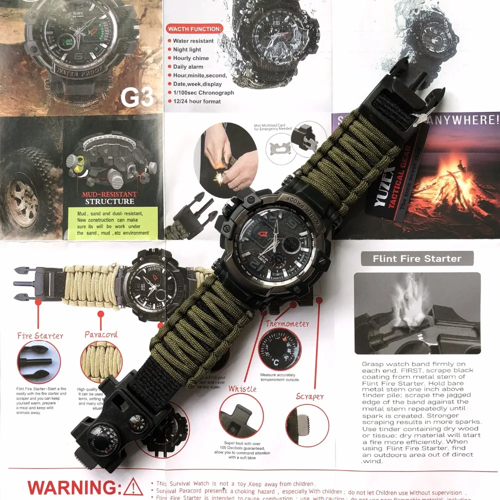 EDC.1991 часы для выживания на открытом воздухе, для кемпинга, медицинский многофункциональный компас, термометр, спасательный Паракорд, браслет, оборудование, набор инструментов