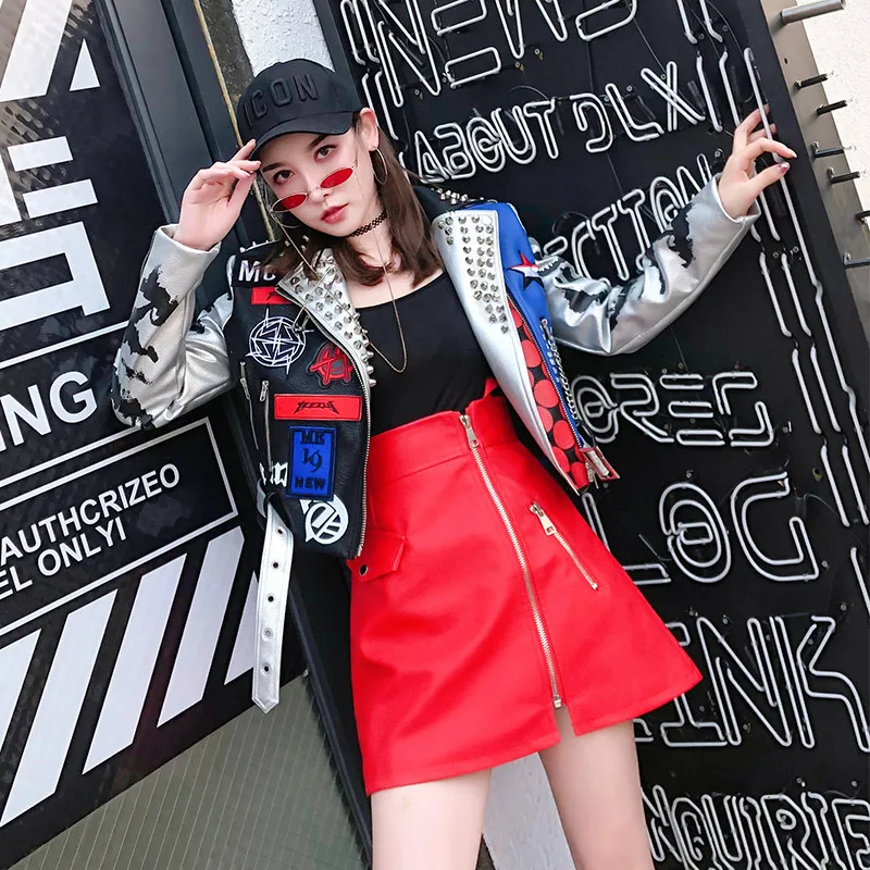TREND-Setter 2018 Autumn Fashion Rivet Leather Jacket Women Spring Punk Style Letter Printing Chains Jacket and Coat TREND-Setter 2018 Autumn Fashion Rivet Leather Jacket Women Spring Punk Style Letter Printing Chains Jacket and Coat