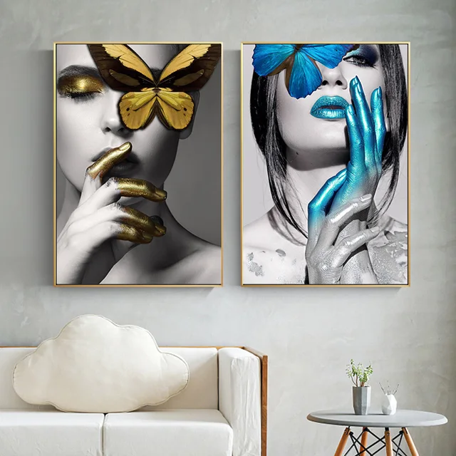 Abstract Wall Art Pictures Fashion Woman Lips Erfly Gold And Abstract Wall Art Pictures Fashion Woman Lips Erfly Gold And White Black Canvas Painting Modern Home