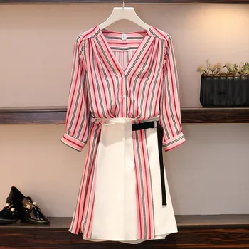 

HAMALIEL L-4XL Plus Size Women 2 Piece Set Summer Chiffon Red Striped Half Sleeve Loose Shirt Suits + High Waist Tie Skirt Sets