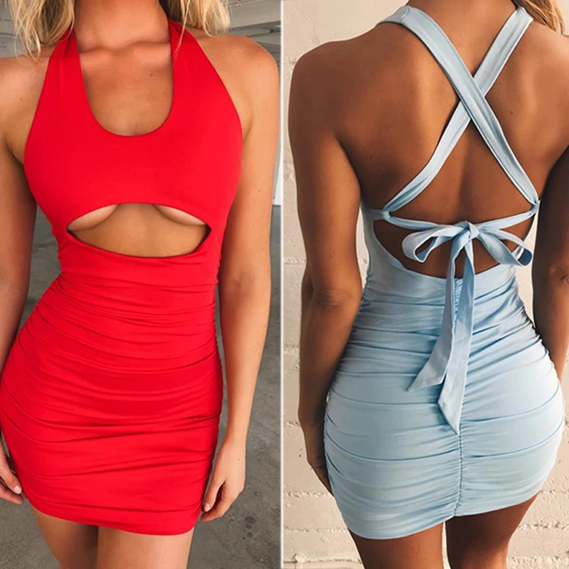 

HAOLA Backless Lace Up Bodycon Party Club Dress Sexy Bandage Dress Hollow Out Vestidos Draped Mini Wrap Dress Robe Femme