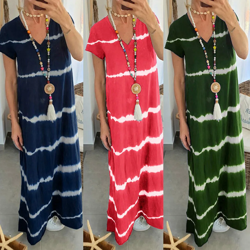 

Womens Dress 2019 Ladies Summer Fashion Striped Short Sleeve Crew Neck Long Dress for Women