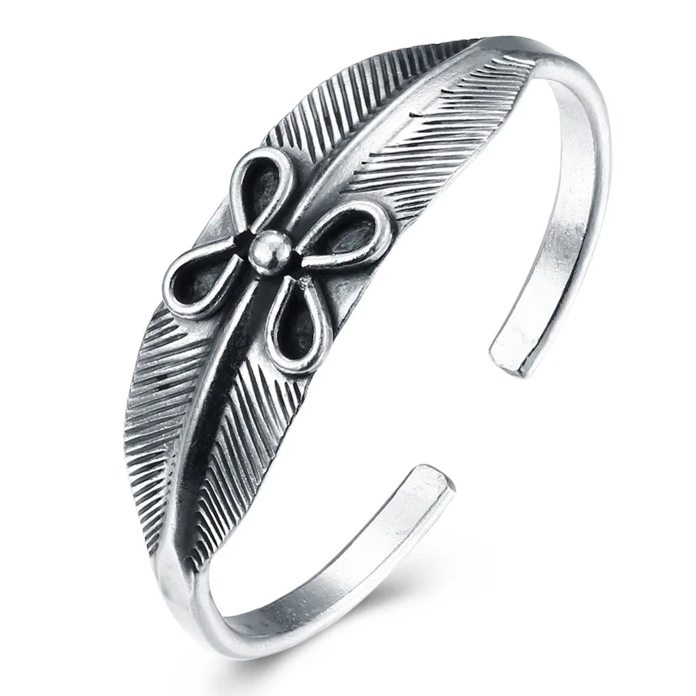 GOMAYA S925 Sterling Silver Bracelet Retro Thai Silver Leaf Flower Handmade Feather Open Ended Men And Women Bangles Wholesale GOMAYA S925 Sterling Silver Bracelet Retro Thai Silver Leaf Flower Handmade Feather Open Ended Men And Women Bangles Wholesale